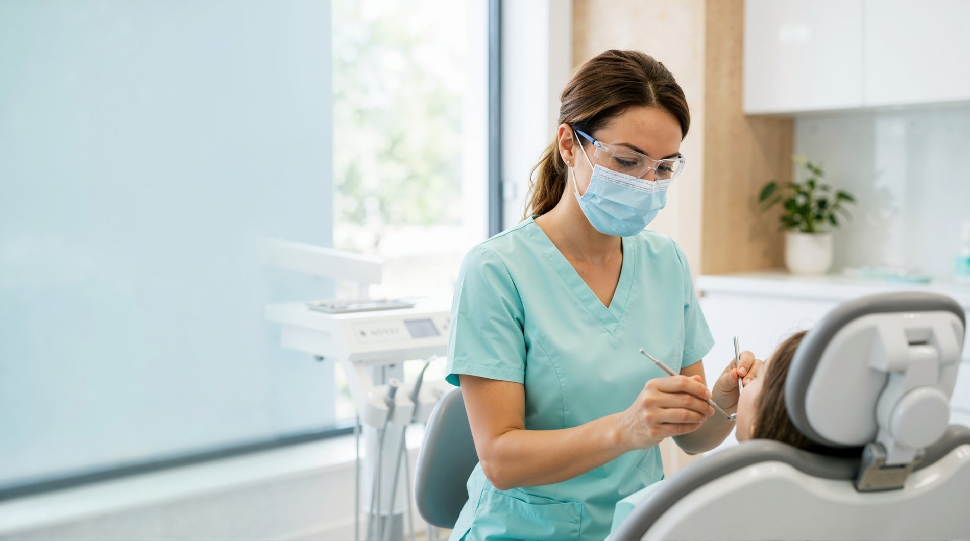 Zahnärztin mit Mundschutz und Schutzbrille behandelt eine Patientin in der modernen Zahnarztpraxis Zahnschön